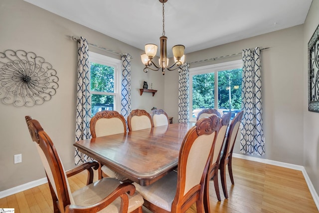 dining room with light wood finished floors, a notable chandelier, a healthy amount of sunlight, and baseboards