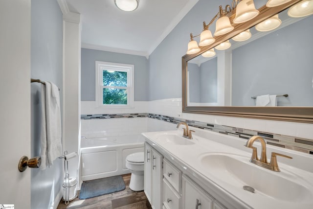 full bath with crown molding, a bath, tile walls, and a sink