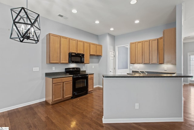 kitchen featuring recessed lighting, visible vents, black appliances, and dark wood-style flooring