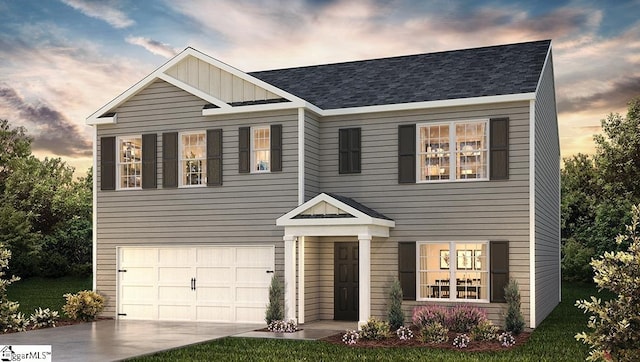 view of front of home with concrete driveway, an attached garage, board and batten siding, and roof with shingles