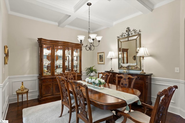 dining room with dark wood finished floors, an inviting chandelier, and beamed ceiling