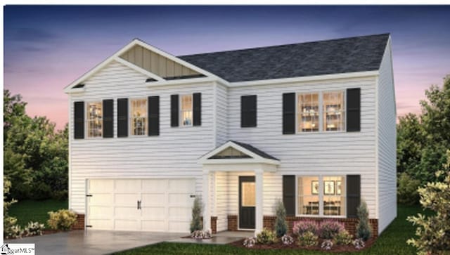 view of front facade with a garage, board and batten siding, concrete driveway, and a front yard