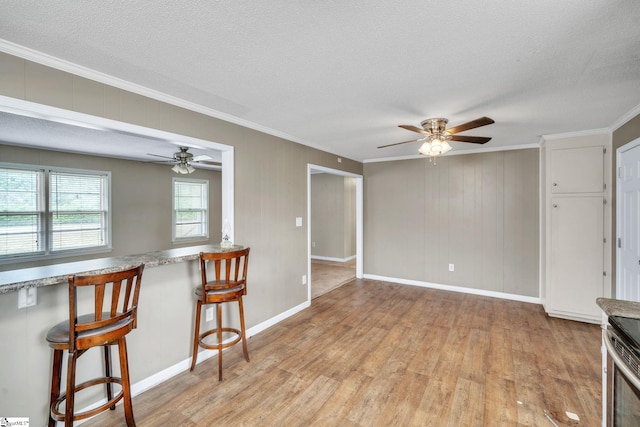 unfurnished living room featuring a textured ceiling, light wood-style floors, a ceiling fan, and crown molding