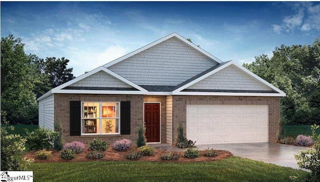 craftsman-style home featuring brick siding, an attached garage, and driveway