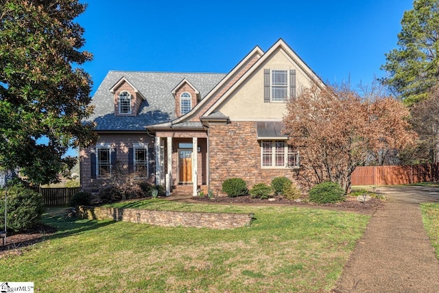 traditional-style house with stone siding, a shingled roof, a front yard, and fence