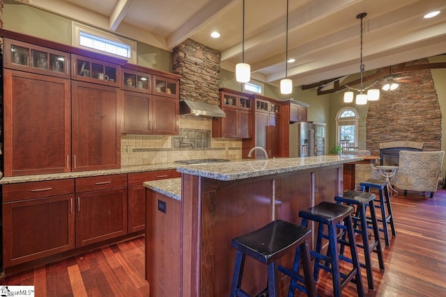 kitchen with stainless steel appliances, backsplash, a healthy amount of sunlight, and exhaust hood