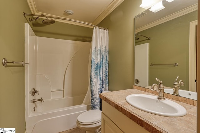 full bathroom with visible vents, toilet, ornamental molding, shower / bath combination with curtain, and vanity