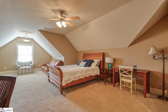 carpeted bedroom featuring visible vents, baseboards, a ceiling fan, and vaulted ceiling