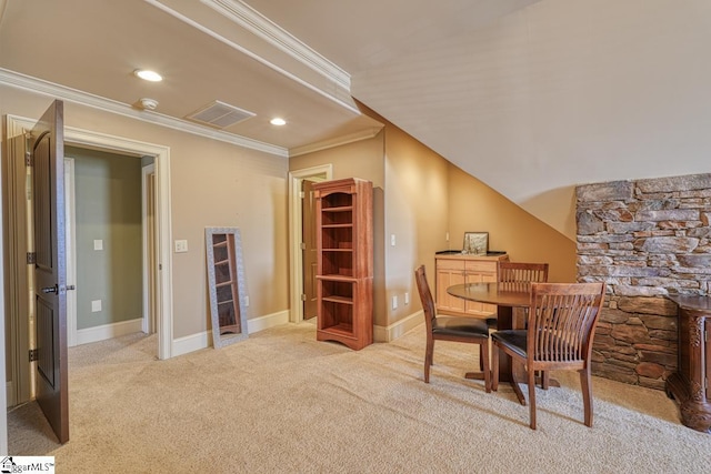 home office featuring visible vents, baseboards, carpet floors, ornamental molding, and recessed lighting