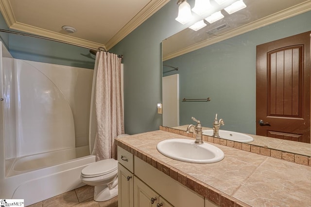 full bathroom with visible vents, toilet, shower / bath combo with shower curtain, ornamental molding, and vanity