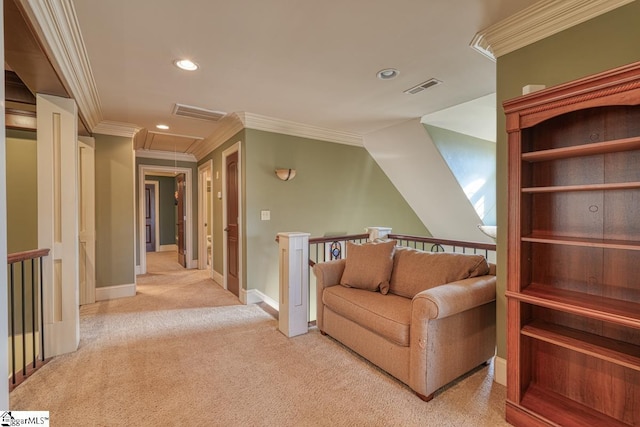 living area with visible vents, light colored carpet, attic access, an upstairs landing, and recessed lighting