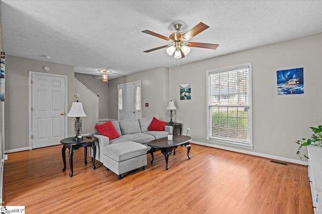 living area featuring a textured ceiling, visible vents, light wood-type flooring, and ceiling fan