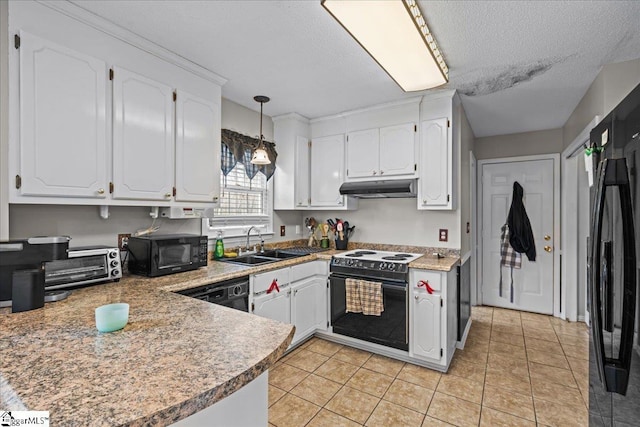 kitchen featuring under cabinet range hood, black appliances, white cabinets, and a sink