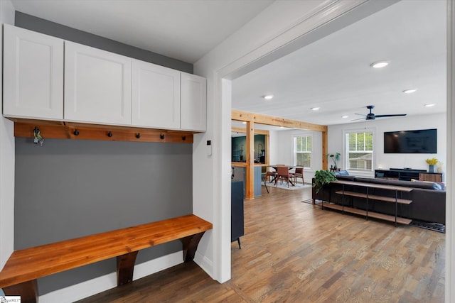 mudroom featuring recessed lighting, baseboards, a ceiling fan, and wood finished floors