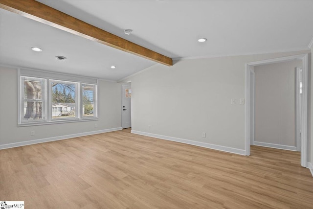 empty room featuring visible vents, baseboards, lofted ceiling with beams, light wood-type flooring, and recessed lighting