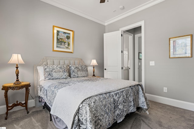 carpeted bedroom featuring ceiling fan, crown molding, and baseboards