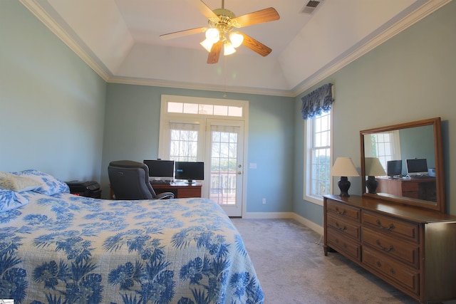 bedroom with visible vents, baseboards, a tray ceiling, access to exterior, and carpet flooring