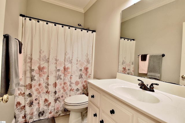 full bathroom with tile patterned floors, toilet, ornamental molding, a shower with shower curtain, and vanity