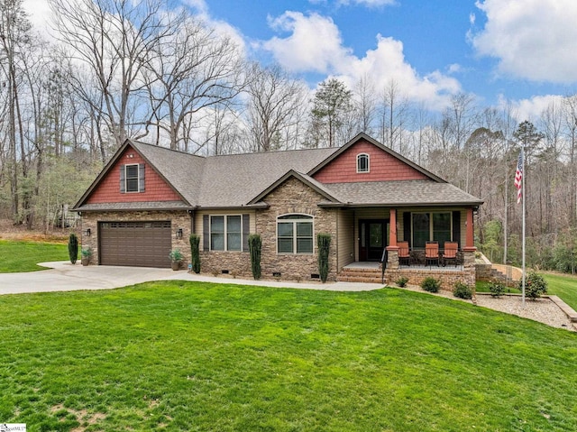 craftsman house with a front yard, covered porch, roof with shingles, and crawl space