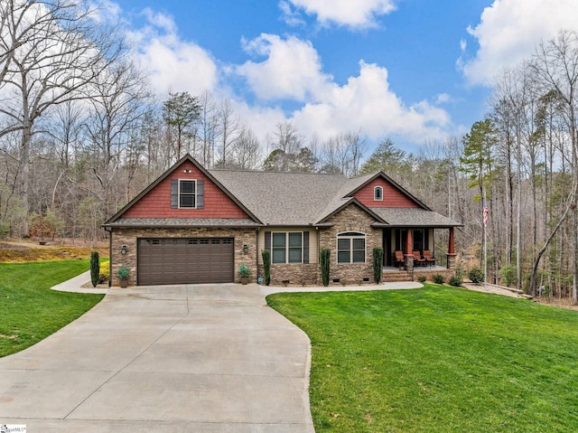 craftsman inspired home featuring covered porch, concrete driveway, a front yard, and a shingled roof