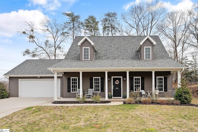 cape cod house with a front lawn, a porch, roof with shingles, concrete driveway, and a garage