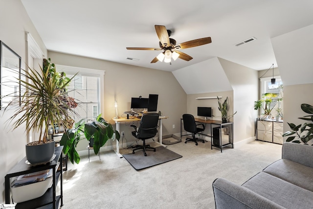 home office with visible vents, baseboards, carpet, and a ceiling fan