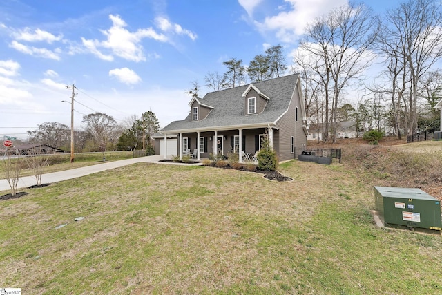 view of front facade with driveway, an attached garage, covered porch, a shingled roof, and a front lawn