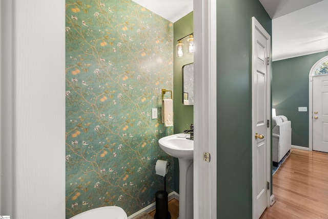 bathroom with a sink, baseboards, and wood finished floors