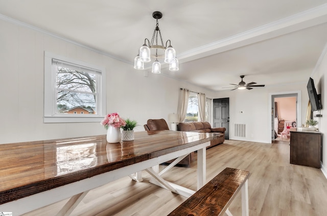 dining room featuring ceiling fan with notable chandelier, light wood-style floors, visible vents, and ornamental molding