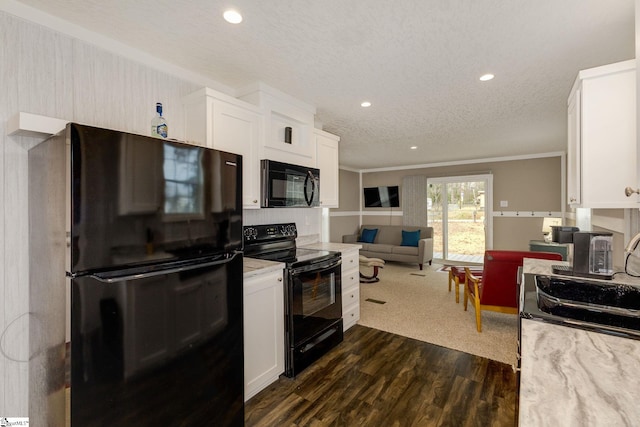 kitchen featuring black appliances, open floor plan, white cabinets, a textured ceiling, and dark wood-style flooring