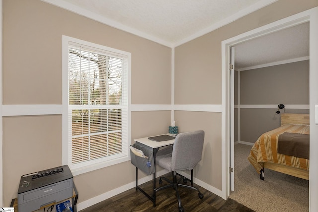 home office featuring baseboards, dark wood finished floors, and crown molding