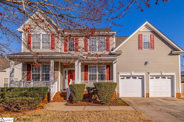 traditional home with a porch, concrete driveway, and a garage