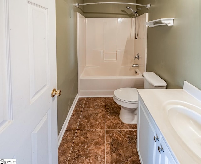 full bath with vanity, baseboards, tile patterned flooring, shower / tub combination, and toilet