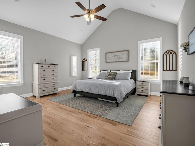 bedroom featuring multiple windows, light wood-type flooring, and baseboards