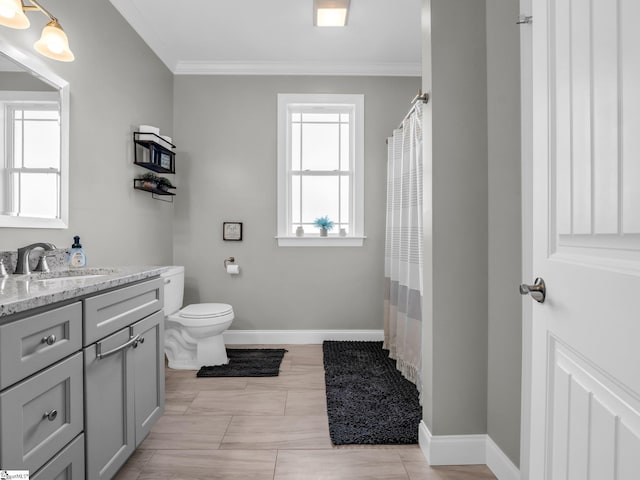 full bathroom featuring toilet, vanity, baseboards, and ornamental molding