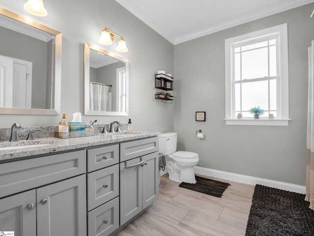 bathroom with crown molding, double vanity, and a sink