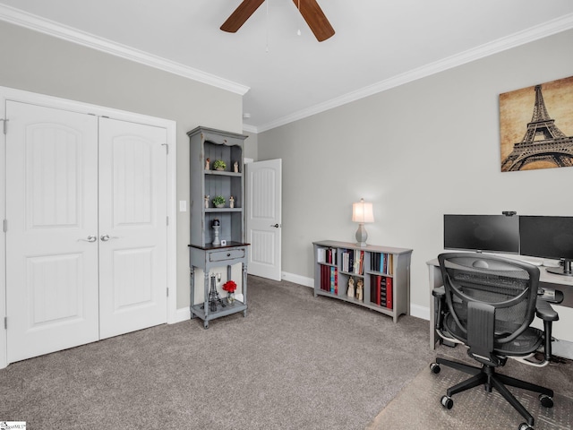 office space with crown molding, baseboards, carpet, and a ceiling fan