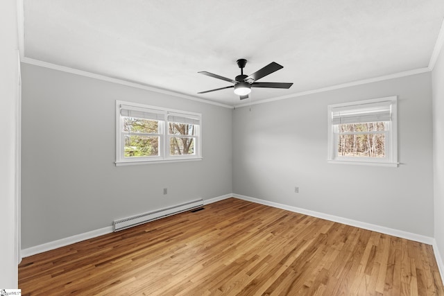 unfurnished room featuring ceiling fan, baseboards, ornamental molding, light wood-style floors, and a baseboard radiator