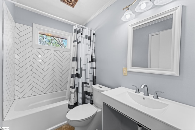 bathroom with vanity, toilet, crown molding, and shower / bathtub combination with curtain