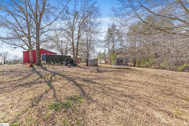 view of yard with an outbuilding, a trampoline, and a pole building