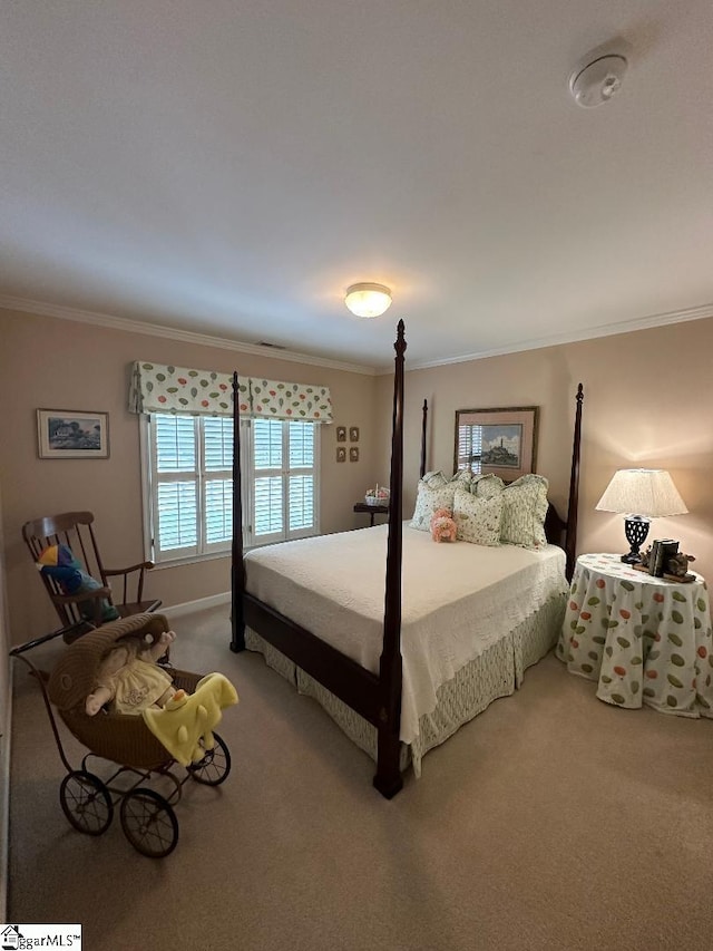 carpeted bedroom featuring ornamental molding