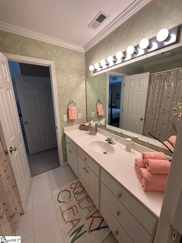 full bath with visible vents, ornamental molding, wallpapered walls, tile patterned flooring, and vanity