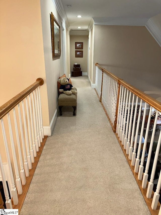 corridor with recessed lighting, baseboards, and ornamental molding