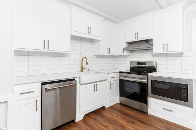 kitchen featuring under cabinet range hood, a sink, dark wood finished floors, stainless steel appliances, and light countertops