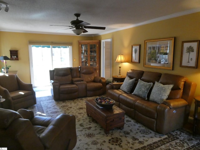 living area featuring crown molding and a ceiling fan