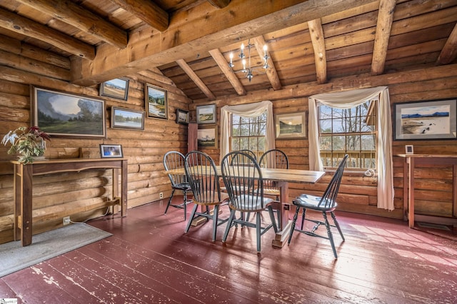 dining room with hardwood / wood-style flooring, lofted ceiling with beams, and wood ceiling