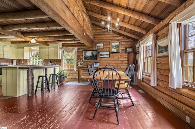 dining area featuring dark wood-style floors, wooden ceiling, and lofted ceiling with beams