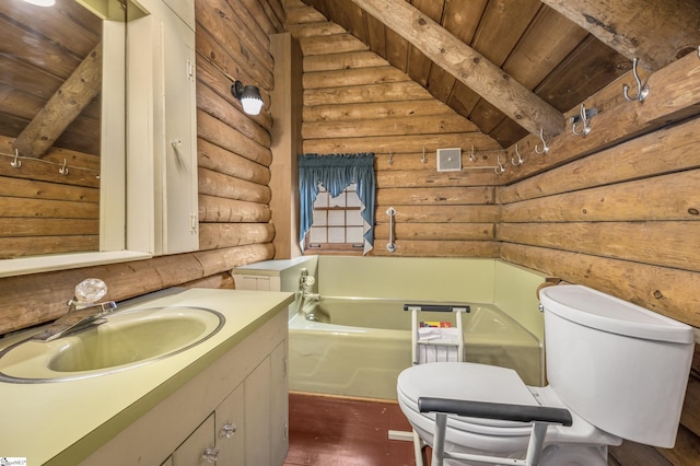 full bath featuring a bath, beam ceiling, wood ceiling, and vanity