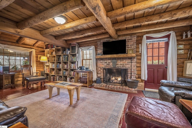 living area with beamed ceiling, wooden ceiling, log walls, and wood finished floors