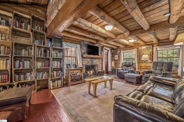 living room with rustic walls, beam ceiling, wood ceiling, and wood-type flooring